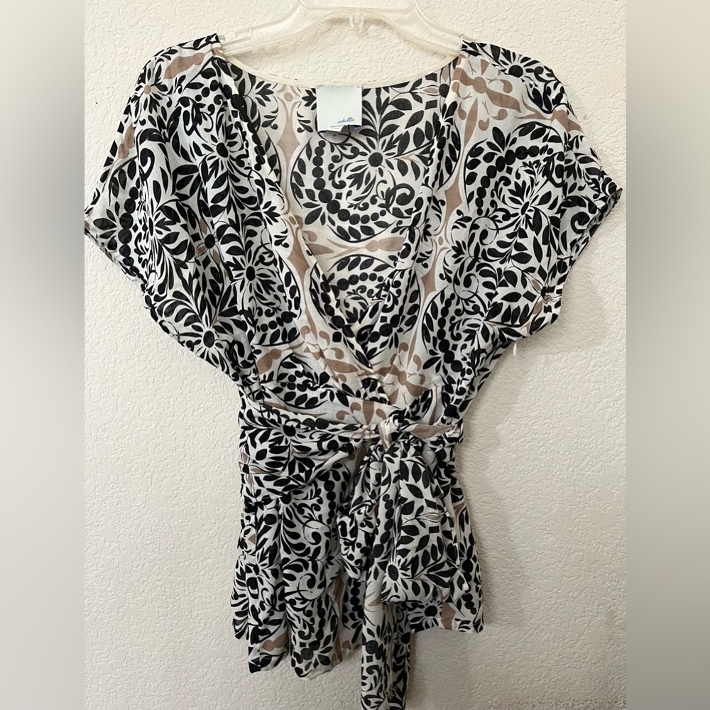 Anthropologie Odille Blouse 8 Top black tan ivory faux wrap tie bow